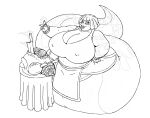  2017 anthro apode big_breasts black_and_white bracelet breasts cleavage clothed clothing curvy_figure draconcopode female food grin hair hand_on_hip hi_res huge_breasts jewelry knife legless looking_at_viewer magic magic_user monochrome nadiya_(vdisco) naga navel nipple_outline non-mammal_breasts obese obese_anthro obese_female overweight overweight_anthro overweight_female reptile ring scalie serpentine sharp_teeth simple_background smile snake solo teeth vdisco voluptuous white_background wide_hips 