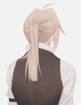  1boy ahoge arm_strap arms_at_sides black_vest blonde_hair blunt_ends cbow collared_shirt edward_elric facing_away from_behind fullmetal_alchemist long_hair long_sleeves male_focus ponytail shirt simple_background solo upper_body vest white_background white_shirt 