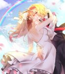  2girls absurdres alice_margatroid black_pants blonde_hair blue_eyes blue_sky bow bridal_veil bride brown_hair closed_eyes commission commissioner_upload dress dress_shirt hair_bow hair_tubes hairband hakurei_reimu highres jewelry kiss multiple_girls pants rainbow red_hairband red_tie reinakocchi ring shirt sky touhou veil vest wedding_band wedding_dress wife_and_wife yuri 