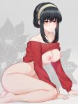  1girl absurdres artist_name bare_shoulders barefoot beehive_hairdo black_hair blush bottle breasts cleavage clothes_lift feet floral_background half-closed_eyes highres kneeling large_breasts long_sleeves looking_at_viewer medium_breasts nipples off-shoulder_sweater off_shoulder parted_lips red_eyes red_sweater sakotach shirt_lift sidelocks spy_x_family sweater sweater_lift yor_briar 