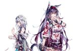  2girls absurdres animal_ears applying_bandages arknights bandaged_arm bandages belt bird_girl biting blaze_(arknights) blood blood_in_hair blood_on_arm blood_on_clothes blood_on_leg breasts cat_ears cat_girl chinese_commentary cleavage dark_blue_hair feathers grey_hair greythroat_(arknights) highres injury long_hair medium_hair moyu_marginal multicolored_eyes multiple_girls painting_(medium) shorts simple_background traditional_media watercolor_(medium) white_background 