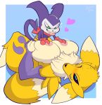  &lt;3 absurd_res anthro areola bandai_namco big_breasts blush breast_play breasts canid canine clothing digimon digimon_(species) duo female fox hi_res humanoid imp impmon larger_female male male/female mammal nipples pink_areola renamon sex size_difference small_dom_big_sub smaller_male smaller_on_top snappygrey titfuck 