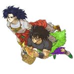  2boys agi_hire_(aji) bag baggy_pants basket black_eyes black_hair black_shirt boots bracer broly_(dragon_ball_super) broly_(dragon_ball_z) commentary_request dark-skinned_male dark_skin dragon_ball earrings flying fur_(clothing) gem gold_earrings gold_necklace green_footwear green_fur holding holding_basket holding_map hoop_earrings jewelry long_hair looking_ahead looking_at_map male_focus map multiple_boys muscular muscular_male neckwear_request pants purple_pants red_robe robe scar scar_on_face shirt simple_background torn_clothes torn_pants white_background white_bag white_footwear white_pants white_shirt yellow_footwear 