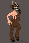  anthro antlers big_butt brown_body brown_eyes brown_hair butt cervid dipstick_tail embarrassed glistening hair hi_res hooves horn human latex_transformation long_ears male mammal markings rubber simple_background solo tail_markings thick_thighs tounsaron transformation 