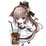  +_+ 1girl animal_ears bangs blush bow brown_hair cat_ears cat_tail chibi cup drinking_glass drinking_straw eyebrows_visible_through_hair frills hair_bow hair_ornament highres ice ice_cube long_hair maid open_mouth original ponytail purple_eyes sakura_mochiko solo tail transparent_background very_long_hair 