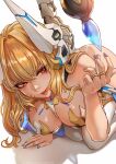  1girl artist_name blonde_hair blue_nails breasts dragon_queen_hane highres horns indie_virtual_youtuber large_breasts licking_lips lips long_hair looking_to_the_side magion02 mecha_musume mechanical_horns mechanical_tail red_eyes simple_background solo solo_focus tail tongue tongue_out 