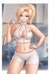  1girl ass blonde_hair blue_eyes breasts cleavage crop_top flowerxl halterneck hand_on_hip large_breasts looking_at_viewer mercy_(overwatch) navel needle nurse overwatch pervert ponytail shorts skin_tight solo thighs 