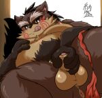  2022 anthro anus asian_clothing belly big_belly brown_body brown_fur butt canid canine clothing east_asian_clothing fundoshi fur genitals hi_res humanoid_genitalia humanoid_hands humanoid_penis japanese_clothing kemono male mammal masturbation momochi_sandayuu moobs nipples overweight overweight_male penis raccoon_dog red_clothing red_fundoshi red_underwear sengoku_puzzle small_penis solo tanuki tongue tongue_out underwear yamatoji201 