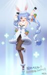  1girl ;d absurdres animal_ear_fluff animal_ears armpits arms_up artist_name bangs black_gloves blue_hair bright_pupils brown_legwear carrot carrot_hair_ornament commentary_request dress eyebrows_visible_through_hair eyelashes food-themed_hair_ornament full_body fur-trimmed_gloves fur_trim gloves hair_ornament highres hololive leg_up long_hair multicolored_hair one_eye_closed open_mouth orange_eyes pantyhose plus_sign rabbit_ears rekyu_(rcrcx2) shoes short_eyebrows smile solo teeth tongue twintails two-tone_hair upper_teeth usada_pekora virtual_youtuber white_dress white_hair 