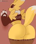  absurd_res anthro bandai_namco big_butt black_clothing breasts butt clothing digimon digimon_(species) euphorica female hi_res leaning lingerie looking_back makeup presenting presenting_hindquarters raised_tail renamon solo text text_on_clothing under_boob 