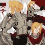  1boy ahoge alternate_hairstyle armor armored_boots automail bangs black_gloves black_pants blonde_hair boots braid braided_bun cape cbow edward_elric flag flamel_symbol fullmetal_alchemist gloves gorget grey_background hair_between_eyes hair_bun hair_down head_tilt highres long_hair looking_at_hand looking_away male_focus mechanical_arms multiple_views outstretched_arm pants parted_bangs parted_lips pauldrons red_cape shoulder_armor shoulder_spikes sideways_glance single_hair_bun single_mechanical_arm sitting spikes updo vambraces yellow_eyes 