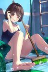  1girl akira_tooru arm_up artist_name bangs barefoot black_hair blue_swimsuit blush breasts broom brown_eyes bucket cleaning cleaning_brush cleavage commentary_request day empty_pool feet flying_sweatdrops foot_focus foreshortening hair_ornament hairclip hand_up highres holding holding_broom hose knees_up looking_at_viewer medium_breasts one-piece_swimsuit open_mouth original outdoors pool pool_ladder revision school_swimsuit short_hair sitting soap_bubbles soles solo swimsuit toes 