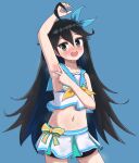  ahoge arezea arm_up armpits black_hair black_shorts blush cheerleader collarbone counter:side hair_between_eyes heart heart-shaped_pupils highres long_hair navel open_mouth shorts sky_layfield spread_armpit star_(symbol) sweat symbol-shaped_pupils 