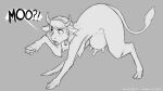  anthro_to_feral bell bovid bovine breasts busty_feral cattle english_text female feral greyscale hooves horn mammal marion_(changeling_tale) monochrome mooing solo teats text transformation udders watsup 