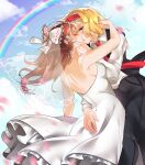  2girls absurdres alice_margatroid black_pants blonde_hair blue_eyes blue_sky bow bridal_veil bride brown_hair closed_eyes dress dress_shirt hair_bow hair_tubes hairband hakurei_reimu highres jewelry kiss multiple_girls non-web_source pants rainbow red_hairband red_tie reinakocchi ring shirt sky touhou veil vest wedding_band wedding_dress wife_and_wife yuri 