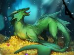  ambiguous_gender claws coin dragon dragonfu feral gold_(metal) gold_coin green_body green_scales open_mouth scales solo teeth tongue underwater water wingless_dragon 