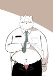  2022 anthro archery045 band-aid bandage belly big_belly black_nose blush bottomwear clothed clothing clothing_lift eyewear glasses hi_res humanoid_hands kemono male mammal navel overweight overweight_male pants shirt shirt_lift simple_background solo topwear underwear ursid 