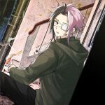  1boy bad_id bad_twitter_id black_eyes black_hair black_pants cherry_(sp_gkdla) cigarette commentary eyepatch green_hoodie highres holding holding_cigarette hood hood_down hoodie korean_commentary looking_back male_focus medical_eyepatch multicolored_hair mutsushika_misumi pants parted_bangs parted_lips photo_background pink_hair saibou_shinkyoku short_hair sitting smoke smoking solo split-color_hair two-tone_hair 