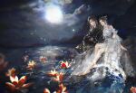  1boy 1girl absurdres back_hair brown_hair dress flower from_side full_body hand_on_another&#039;s_waist highres long_hair lotus lu_xueqi_(zhu_xian) lu_xueqi_tongren_ye moon night rock sitting smile splashing water waves white_dress zhu_xian 