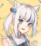  1girl :d animal_ear_fluff animal_ears blue_dress blue_eyes blue_hair brown_background cat_ears commentary dress english_commentary gawr_gura grey_hair hair_cubes hair_ornament hololive hololive_english kobutanori looking_at_viewer multicolored_hair sharp_teeth shirt simple_background sleeveless sleeveless_shirt smile solo streaked_hair teeth upper_body virtual_youtuber white_shirt 