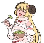  1girl blonde_hair bowl cape closed_eyes curled_horns detached_sleeves dress fork fur-trimmed_cape fur-trimmed_dress fur-trimmed_sleeves fur_trim hair_ornament hairclip hololive horns long_hair mefomefo open_mouth salad sheep_girl sheep_horns smile solo tsunomaki_watame virtual_youtuber 