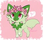  ambiguous_gender elemental_creature felid feline feral flora_fauna flower flower_crown mammal nintendo pink_background plant pok&eacute;mon pok&eacute;mon_(species) red_eyes simple_background sketch sketchygarden solo sprigatito text video_games 