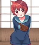  1girl :d api_peko arezu_(pokemon) arms_behind_back bangs blue_jacket blurry blurry_background blush breasts brown_bag collarbone commentary_request cowlick eyelashes highres jacket looking_at_viewer open_mouth pantyhose pokemon pokemon_(game) pokemon_legends:_arceus red_eyes red_hair shiny shiny_hair short_hair smile solo 