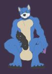  2018 5_fingers animal_genitalia animal_penis anthro balls biped blue_body blue_fur canid canine condom digital_media_(artwork) equine_penis erection fingers fur genitals green_eyes hi_res holding_penis longblueclaw looking_at_viewer male mammal medial_ring pawpads paws penis sexual_barrier_device simple_background smile solo white_body white_fur 