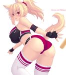  1girl :o animal_ear_fluff animal_ears ass bangs bare_shoulders black_gloves black_sports_bra blonde_hair blush breasts buruma cat_ears cat_girl cat_tail commentary_request elbow_pads english_commentary eyebrows_visible_through_hair fingerless_gloves from_behind gloves highres large_breasts long_hair nottytiffy original patreon_username ponytail red_buruma red_eyes simple_background slit_pupils sports_bra tail thighhighs thighs tiffy_(nottytiffy) white_background white_legwear 