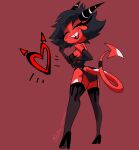  &lt;3 2022 absurd_res armwear beauty_mark blush butt clothing demon elbow_gloves eyes_closed female garter_belt garter_straps gloves handwear helluva_boss hi_res high_heels horn humanoid imp inker_comics legwear lingerie millie_(helluva_boss) red_background red_body red_skin simple_background solo thigh_highs thigh_stockings tooth_gap 