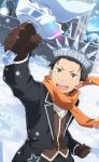  1boy black_hair black_jacket brown_eyes brown_gloves crown gloves highres ice jacket long_sleeves looking_to_the_side male_focus natsuki_subaru official_art open_mouth orange_scarf outdoors re:zero_kara_hajimeru_isekai_seikatsu re:zero_kara_hajimeru_isekai_seikatsu:_lost_in_memories scarf short_hair smile snow statue_of_liberty 