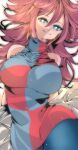  1girl android_21 blue_eyes breasts checkered_clothes checkered_dress closed_mouth dragon_ball dragon_ball_fighterz dress earrings grey_background hair_between_eyes highres hoop_earrings jewelry kinakomochi_(user_vedc2333) labcoat large_breasts long_hair looking_at_viewer medium_breasts off_shoulder red_hair red_ribbon_army removing_jacket ring simple_background smile solo 