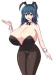  1girl :d absurdres alternate_breast_size alternate_costume animal_ears black_leotard blue_eyes blue_hair bow bowtie breasts byleth_(fire_emblem) byleth_(fire_emblem)_(female) cleavage covered_navel detached_collar eyebrows_visible_through_hair fire_emblem fire_emblem:_three_houses gigantic_breasts happy highleg highleg_leotard highres leotard light_xion medium_hair open_mouth pantyhose playboy_bunny rabbit_ears smile solo standing strapless strapless_leotard white_background wrist_cuffs 