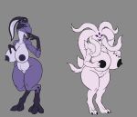  absurd_res alien anthro big_breasts blue_eyes breasts claws duo female fur genitals hi_res karnator multicolored_body nipples open_mouth open_smile purple_body purple_eyes pussy smile thick_thighs white_body white_fur wide_hips 