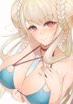  1girl \||/ absurdres azur_lane bangs between_breasts bikini bikini_pull bikini_top_only blonde_hair breasts chichikoucha clothes_pull commentary constricted_pupils double_bun eyebrows_visible_through_hair eyelashes formidable_(azur_lane) formidable_(the_lady_of_the_beach)_(azur_lane) hair_bun hair_ribbon halterneck hand_on_own_chest heart highres large_breasts long_bangs long_hair looking_at_viewer official_alternate_costume red_eyes ribbon simple_background smile solo sweat swimsuit thick_eyelashes tress_ribbon upper_body v-shaped_eyebrows white_background 