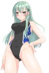  1girl absurdres alternate_costume aqua_eyes aqua_hair ass_visible_through_thighs black_swimsuit blue_swimsuit blush breasts closed_mouth competition_swimsuit covered_navel cowboy_shot eyebrows_visible_through_hair from_below hair_between_eyes hair_ornament hairclip highres kantai_collection long_hair looking_at_viewer looking_down medium_breasts nitamako_(sakamalh) one-piece_swimsuit open_mouth simple_background smile solo suzuya_(kancolle) swimsuit two-tone_swimsuit white_background 