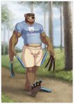  2018 5_fingers anthro biped brown_body brown_fur claws clothed clothing detailed_background digital_media_(artwork) eyewear eyewear_on_head facial_hair fingers forest fully_clothed fur hi_res long_claws longblueclaw male mammal midriff muscular muscular_anthro muscular_male nipple_outline outside pawpads paws plant sky smile solo sunglasses sunglasses_on_head tree ursid walking 