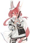  1girl animal_ears arknights black_gloves flametail_(arknights) gauntlets gloves helmet highres holding holding_sword holding_weapon long_hair looking_at_viewer red_eyes red_hair simple_background solo squirrel_ears squirrel_girl squirrel_tail suisogenshi sword tail thigh_strap weapon white_background 