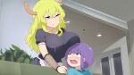  1boy 1girl alternate_costume blonde_hair blue_eyes blush ceiling_light commentary_request cosplay couch dragon_girl dragon_horns fishnet_gloves fishnets fuka_(kantoku) gachimuchi glasses gloves green_eyes highres horns kobayashi-san_chi_no_maidragon light living_room lucoa_(maidragon) lynn_ross lynn_ross_(cosplay) magatsuchi_shouta maid maid_headdress meme naughty_face one_eye_closed plant scared shadow sitting smile surprised 