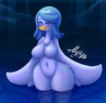  2022 alyrise anatid anseriform anthro avian bathing beak bird blue_hair blush breasts chest_tuft cloud eyeshadow feathers featureless_breasts featureless_crotch female hair hi_res looking_at_viewer makeup navel night nintendo nude partially_submerged pok&eacute;mon pok&eacute;mon_(species) pok&eacute;morph quaxly solo standing tuft video_games water white_body white_feathers wide_hips winged_arms wings yellow_beak 