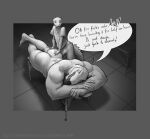  2022 absurd_res anthro anthro_on_anthro barefoot big_butt big_muscles border bottomwear butt clothed clothed/nude clothing dialogue duo english_text erection erection_under_clothing feet grey_border greyscale hand_on_butt hi_res huge_butt huge_muscles humanoid_feet imminent_sex inside inviting looking_at_another lying male male/male massage massage_table mickey_the_retriever monochrome muscular muscular_anthro muscular_male narrowed_eyes nude on_front open_mouth pants profanity reptile scalie shirt size_difference standing tenting text topwear 