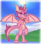  activision anthro biped blue_eyes cloud day dragon ember_(spyro) eyelashes female hi_res horn iestragon jewelry necklace pink_body scales scalie sky solo spyro_the_dragon sun video_games western_dragon 