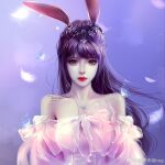  1girl animal_ears bare_shoulders bug butterfly closed_mouth douluo_dalu dress eyelashes falling_feathers hair_strand jewelry long_hair looking_at_viewer necklace pink_dress purple_background rabbit_ears solo upper_body xiao_wu_(douluo_dalu) xiaoxiao_shou_hui 