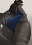  2022 5_fingers anthro big_butt black_body black_fur black_hair black_nose blush butt canid canine canis clothed clothing clothing_pull eyelashes eyeshadow female fingers fur grey_background hair half-closed_eyes hi_res kittell_(artist) legs_together long_hair looking_at_viewer low-angle_view makeup mammal nails narrowed_eyes one-piece_swimsuit purple_eyes rear_view school_swimsuit sharp_nails simple_background smile solo standing swimwear wolf 