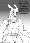  2016 anthro belly_scales bottomwear clothing comic dragon english_text horn if_hell_had_a_taste male monochrome muscular muscular_male open_mouth pants reptile scales scalie scar shirt skylar_fidchell solo text topwear viroveteruscy 