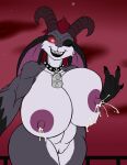  anthro bell big_breasts black_body black_fur bodily_fluids bovid breast_milking breasts caprine caprine_demon claws collar demon detailed_background fan_character fangs female fur genitals glowing glowing_eyes goat_demon grey_body grey_fur hair hazbin_hotel helluva_boss hi_res horn karnator lactating looking_at_viewer mammal multicolored_body multicolored_fur nipples nude open_mouth open_smile pussy red_eyes red_hair smile solo thick_thighs wide_hips 