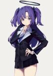  1girl :i absurdres blue_archive blue_necktie halo hand_on_hip hand_on_own_chin highres long_hair miniskirt necktie no_jacket purple_hair school_uniform short_twintails simple_background skirt solo thighs twintails yoon_cook yuuka_(blue_archive) 