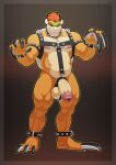  2018 anthro balls bowser claws clothed clothing digital_media_(artwork) eyebrows flaccid full-length_portrait gaping gaping_urethra genitals harness hi_res long_claws longblueclaw male mario_bros musclegut muscular muscular_anthro muscular_male nintendo penile_spines penis portrait simple_background solo standing teeth urethra video_games 