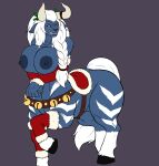  anthro big_breasts blue_body blue_fur blush breasts christmas christmas_clothing clothing embarrassed fangs female fluffy fluffy_tail fur hair hi_res holidays horn karnator lynel nintendo nipples open_mouth solo the_legend_of_zelda video_games white_body white_fur white_hair yellow_eyes 