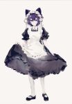  1boy absurdres animal_ears apron black_dress cat_ears chinese_commentary closed_mouth dress flower frilled_apron frilled_dress frilled_sleeves frills full_body hair_between_eyes highres lefityyyy maid maid_apron maid_headdress male_focus mary_janes pantyhose puffy_short_sleeves puffy_sleeves purple_eyes purple_hair ribbon rose saibou_shinkyoku shoes short_hair short_sleeves skirt_hold solo utsugi_noriyuki white_apron white_background white_flower white_ribbon white_rose 